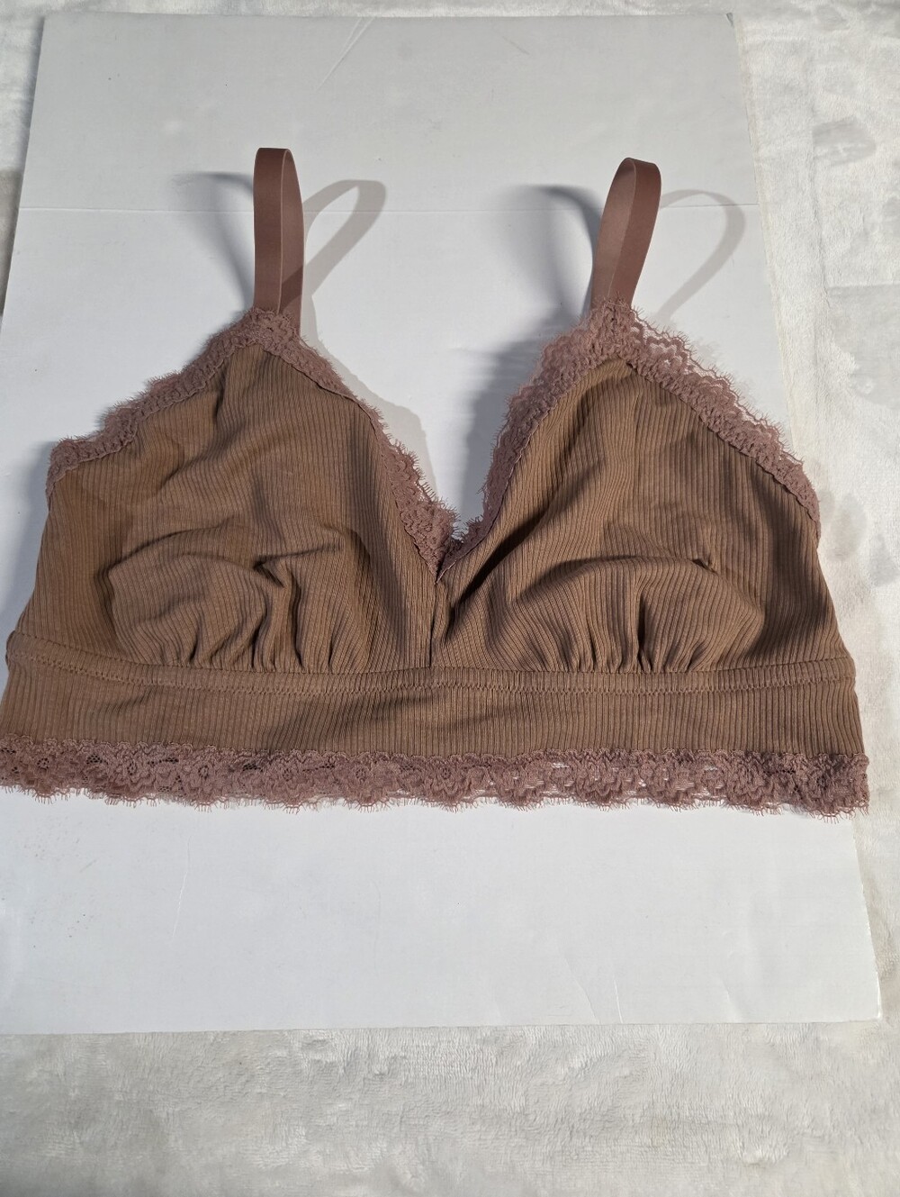 aerie Ribbed Lace-Trim Bralette - Mauve Brown